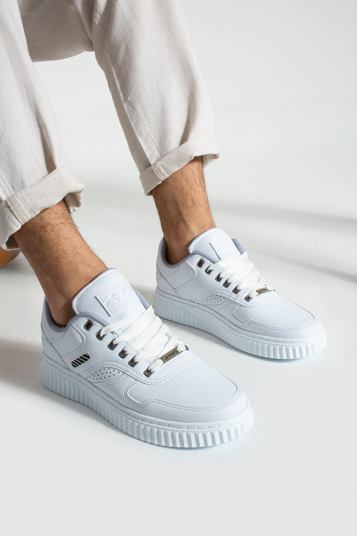 L.A Polo 09 Beyaz Renk Beyaz Tabanlı Bağcıklı Günlük Erkek Spor Ayakkabı