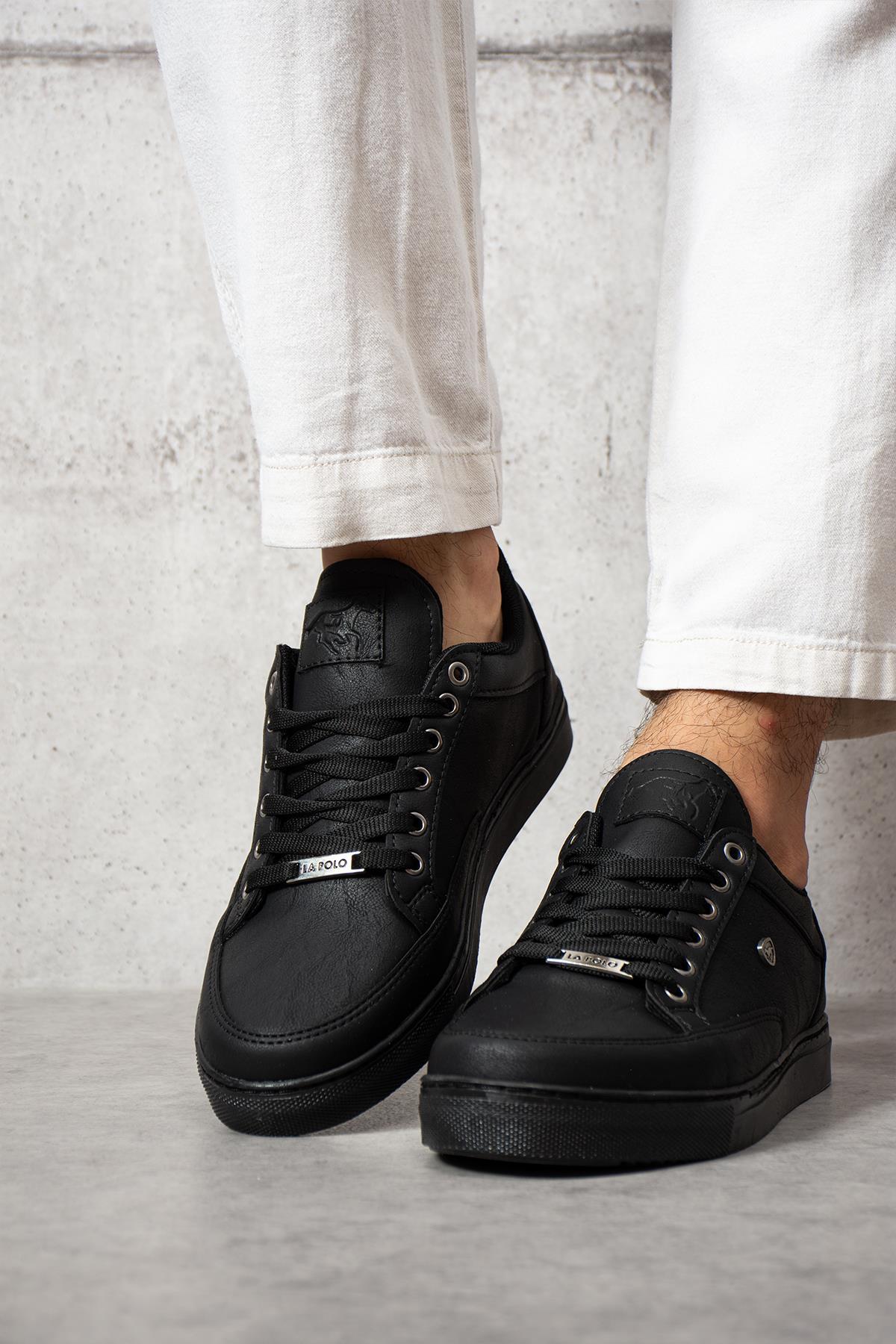 L.A Polo 08 Siyah Renk Siyah Tabanlı Bağcıklı Günlük Erkek Spor Ayakkabı