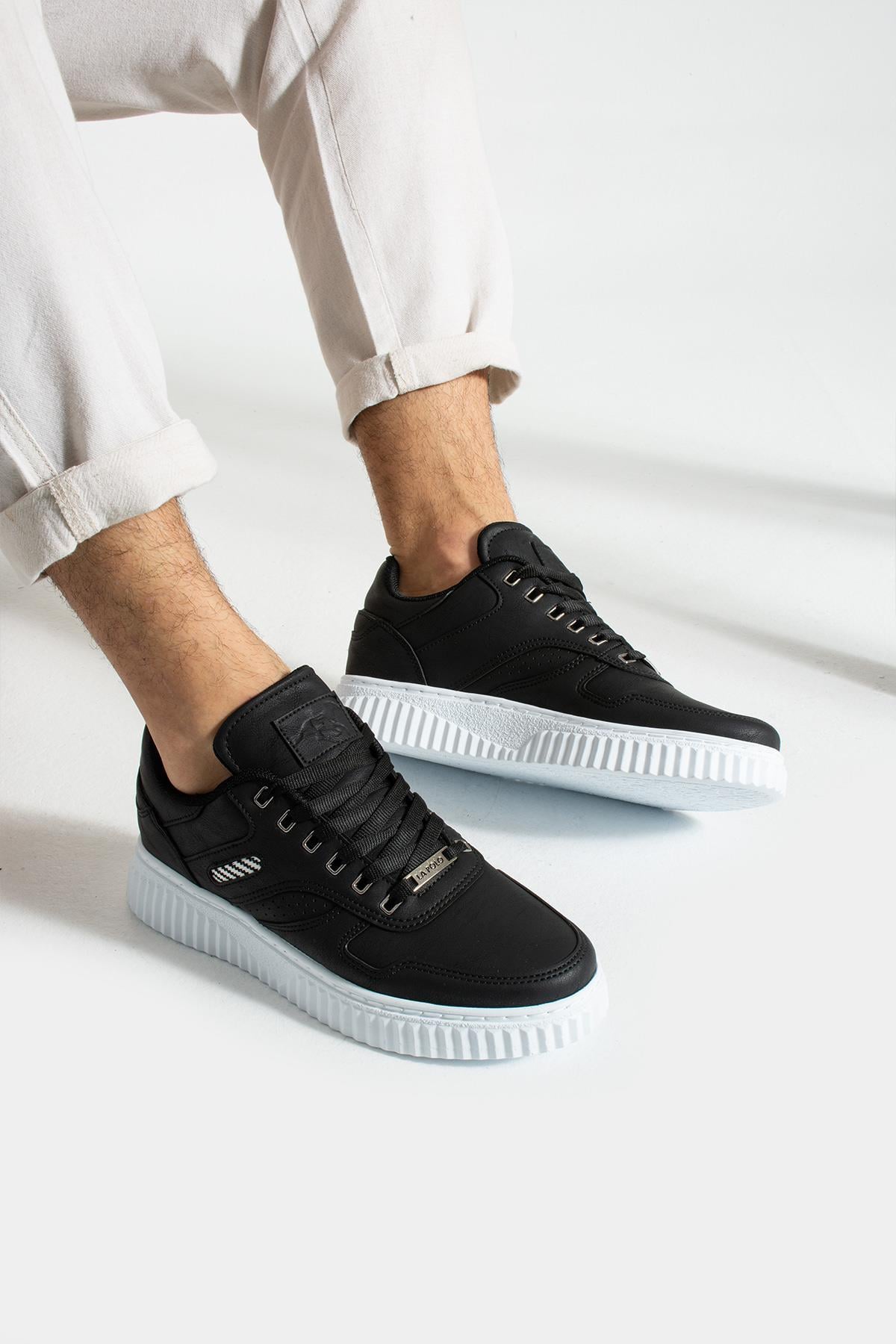 L.A Polo 09 Siyah Renk Beyaz Tabanlı Bağcıklı Günlük Erkek Spor Ayakkabı