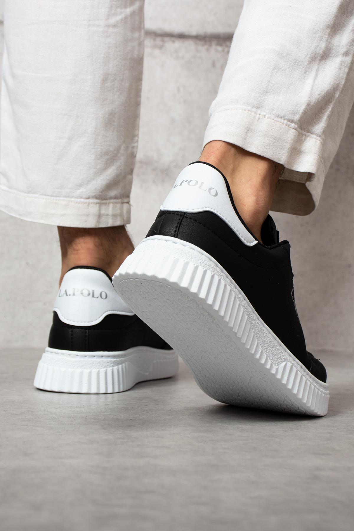 L.A Polo 505 Siyah Beyaz Renk Beyaz Tabanlı Bağcıklı Günlük Erkek Spor Ayakkabı