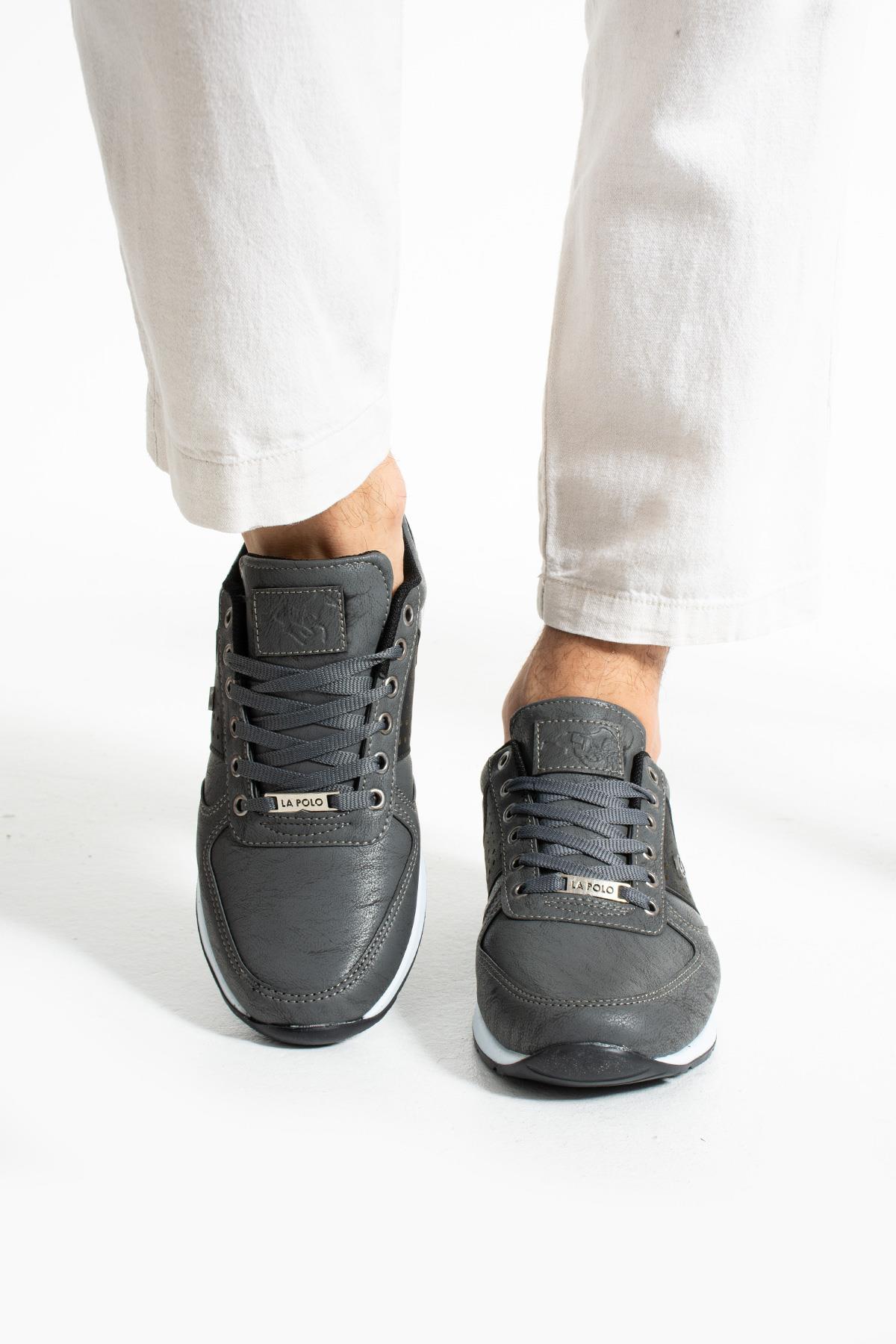 L.A Polo 043 Füme Siyah Renk Beyaz Tabanlı Bağcıksız Günlük Erkek Spor Ayakkabı