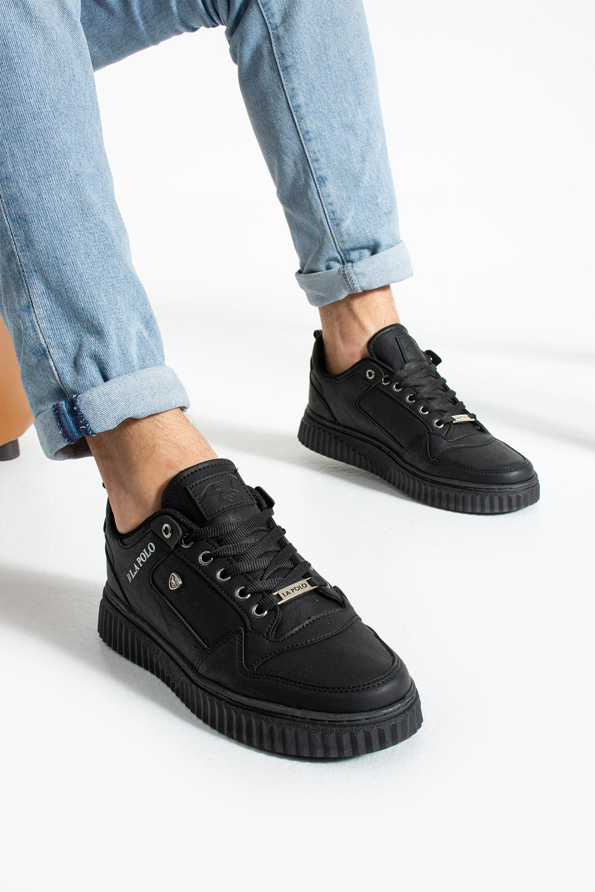 L.A Polo 027 Siyah Renk Siyah Tabanlı Bağcıklı Günlük Erkek Spor Ayakkabı