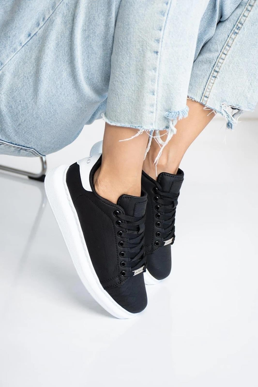 L.A Polo 051 Siyah Renk Beyaz Tabanlı Bağcıklı Günlük Kadın Spor Ayakkabı