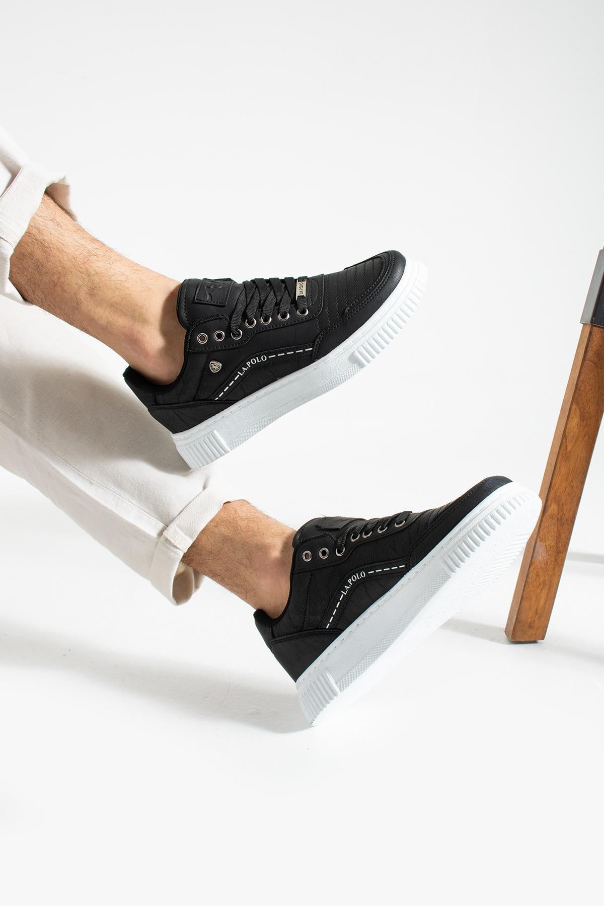 L.A Polo 017 Siyah Renk Beyaz Tabanlı Bağcıklı Günlük Erkek Spor Ayakkabı