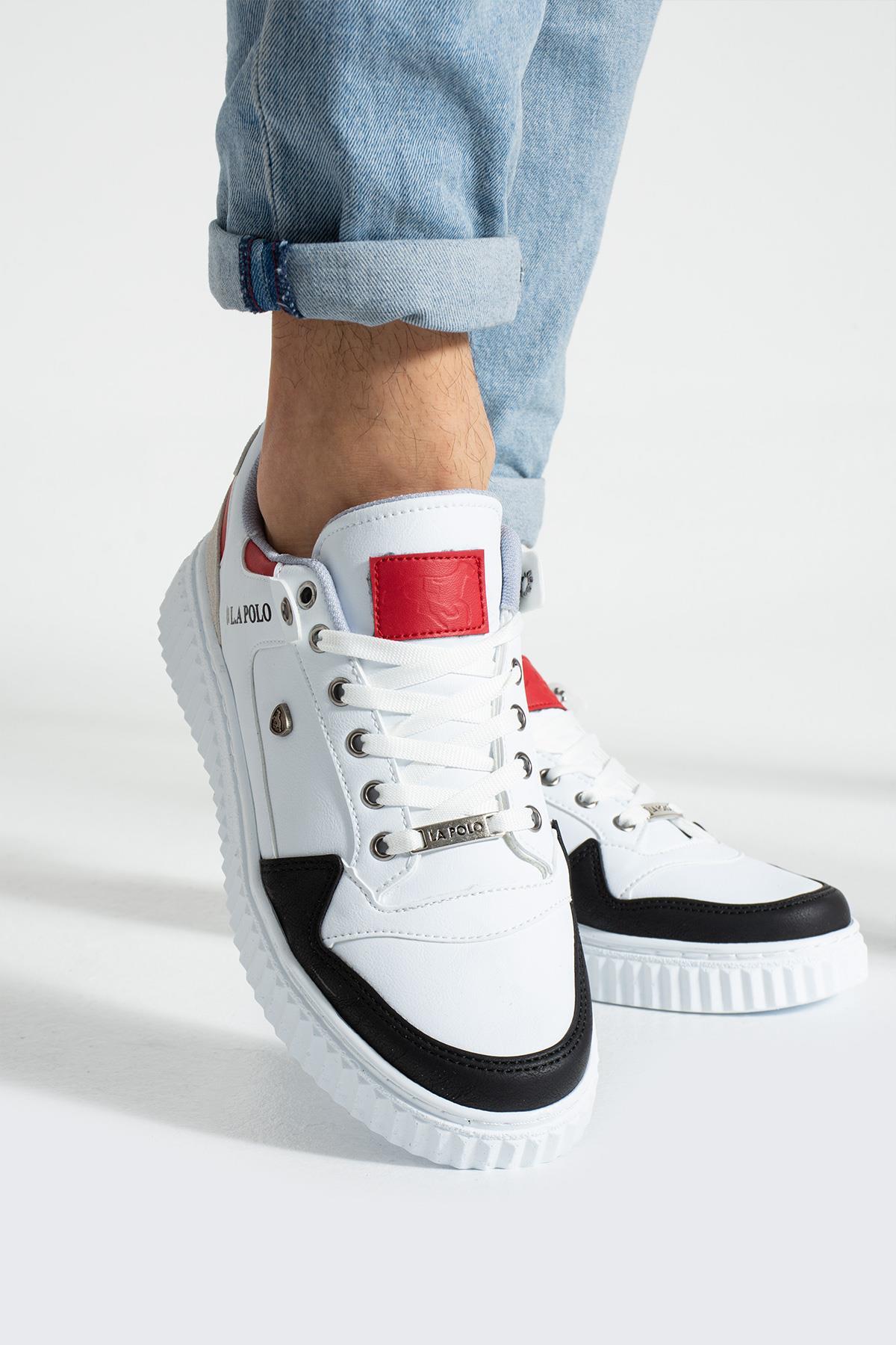 L.A Polo 027 Beyaz Buz Siyah Kırmızı Renk Beyaz Tabanlı Bağcıklı Günlük Erkek Spor Ayakkabı
