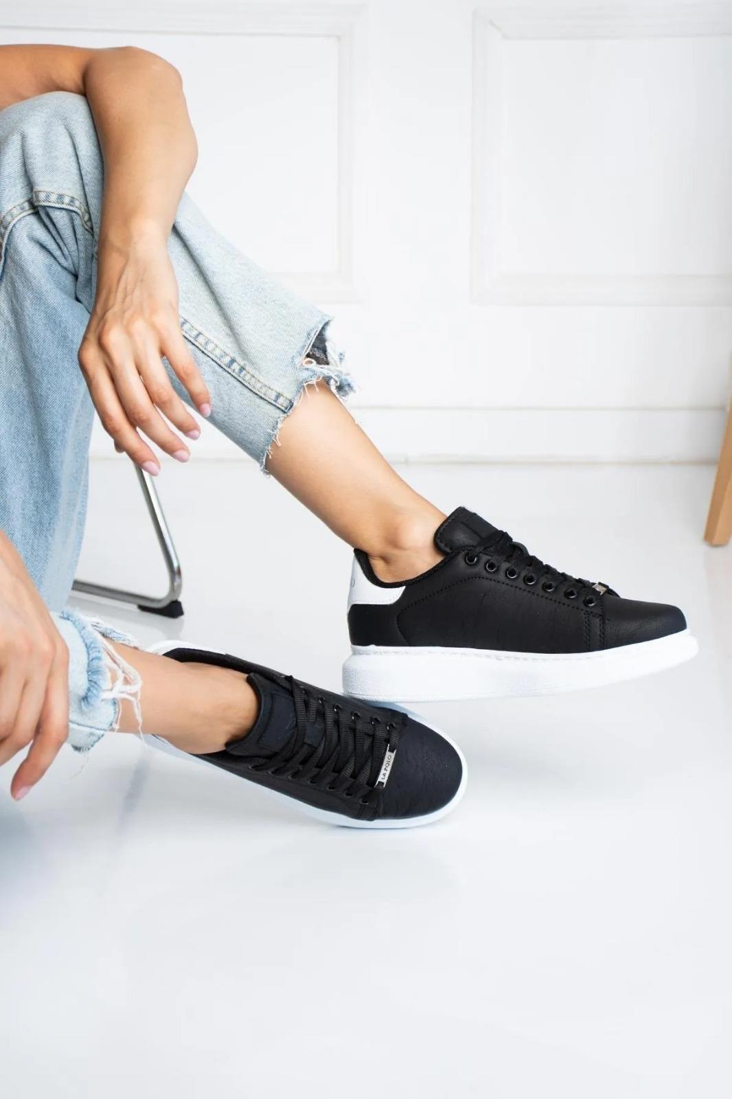 L.A Polo 051 Siyah Renk Beyaz Tabanlı Bağcıklı Günlük Kadın Spor Ayakkabı