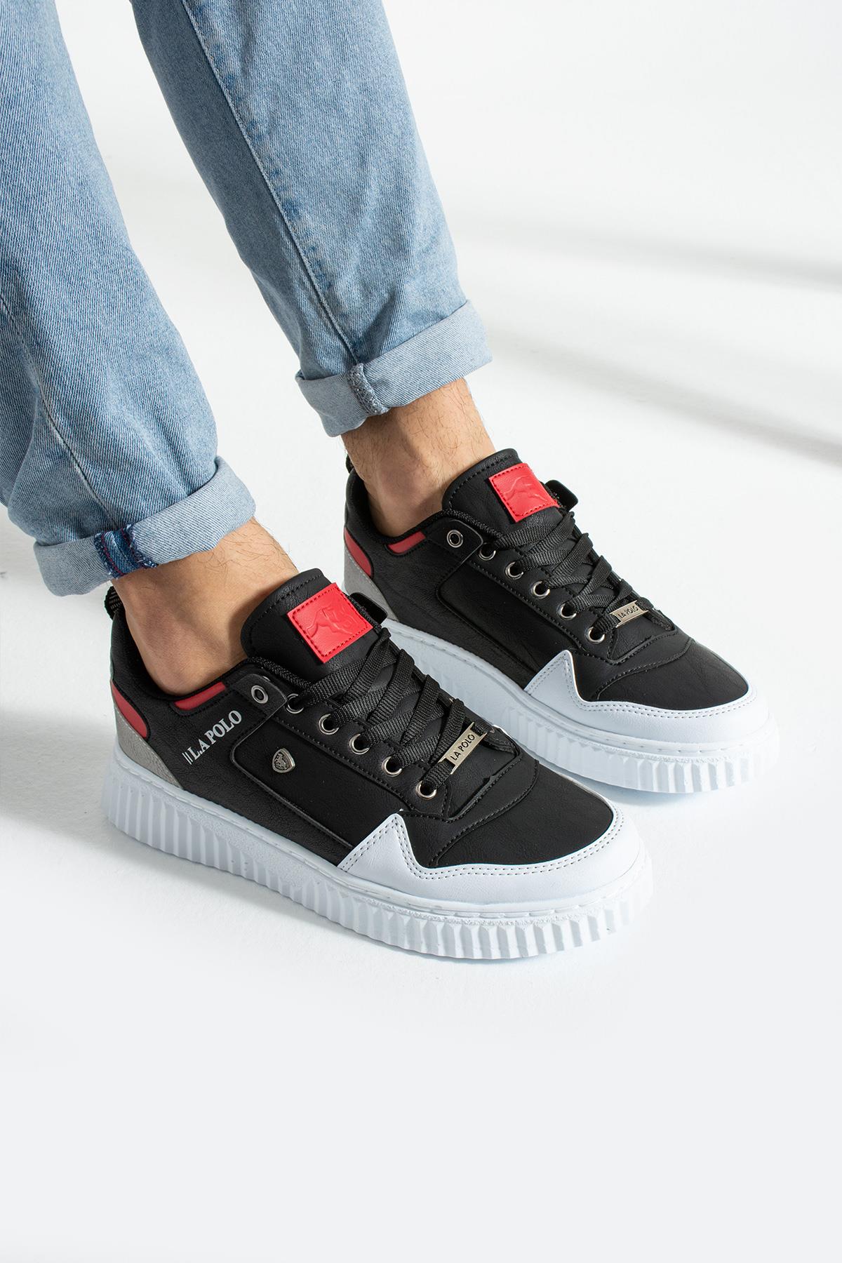 L.A Polo 027 Siyah Beyaz Kırmızı Renk Beyaz Tabanlı Bağcıklı Günlük Erkek Spor Ayakkabı