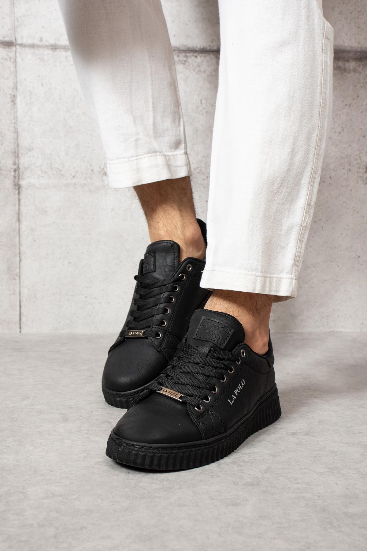 L.A Polo 505 Siyah Renk Siyah Tabanlı Bağcıklı Günlük Erkek Spor Ayakkabı