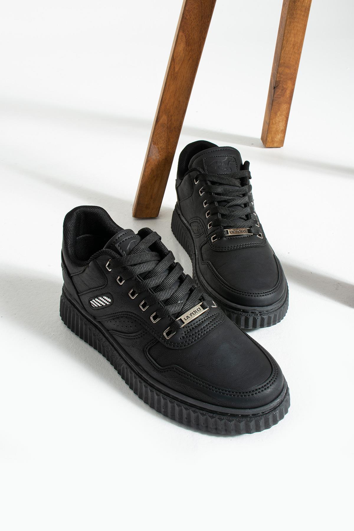 L.A Polo 09 Siyah Renk Siyah Tabanlı Bağcıklı Günlük Erkek Spor Ayakkabı