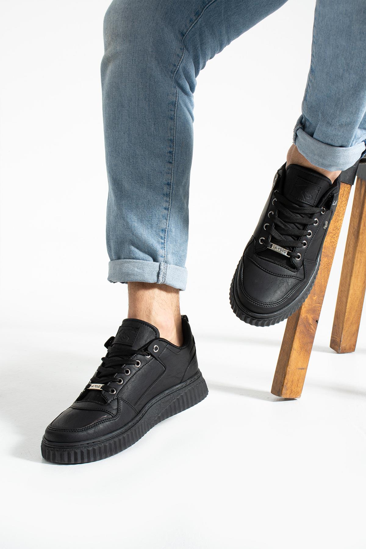 L.A Polo 027 Siyah Renk Siyah Tabanlı Bağcıklı Günlük Erkek Spor Ayakkabı