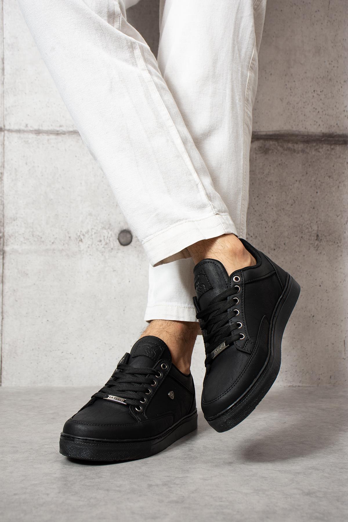 L.A Polo 08 Siyah Renk Siyah Tabanlı Bağcıklı Günlük Erkek Spor Ayakkabı