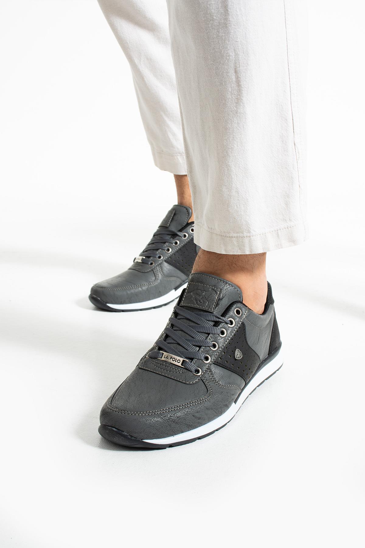 L.A Polo 043 Füme Siyah Renk Beyaz Tabanlı Bağcıksız Günlük Erkek Spor Ayakkabı