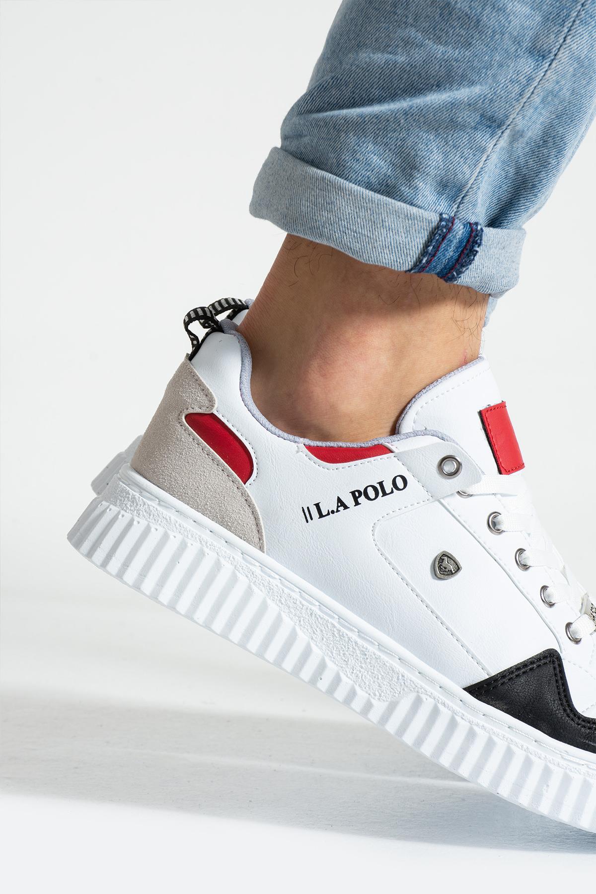 L.A Polo 027 Beyaz Buz Siyah Kırmızı Renk Beyaz Tabanlı Bağcıklı Günlük Erkek Spor Ayakkabı
