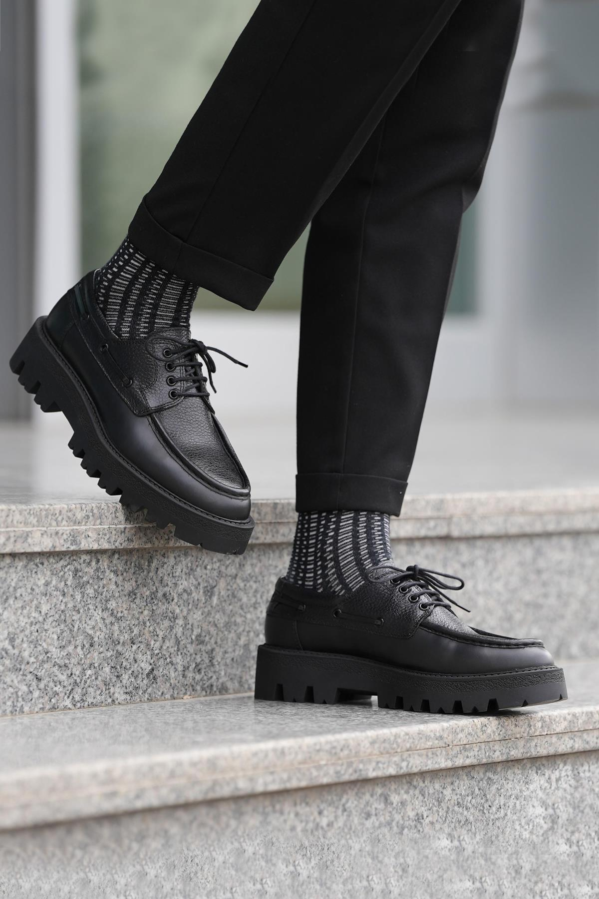 Shoetyle - Siyah Hakiki Deri Bağcıklı Erkek Günlük Ayakkabı 115-K512