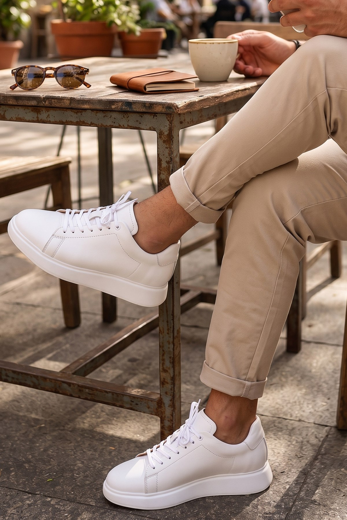 Shoetyle - Beyaz Hakiki Deri Bağcıklı Erkek Sneaker 101-7039