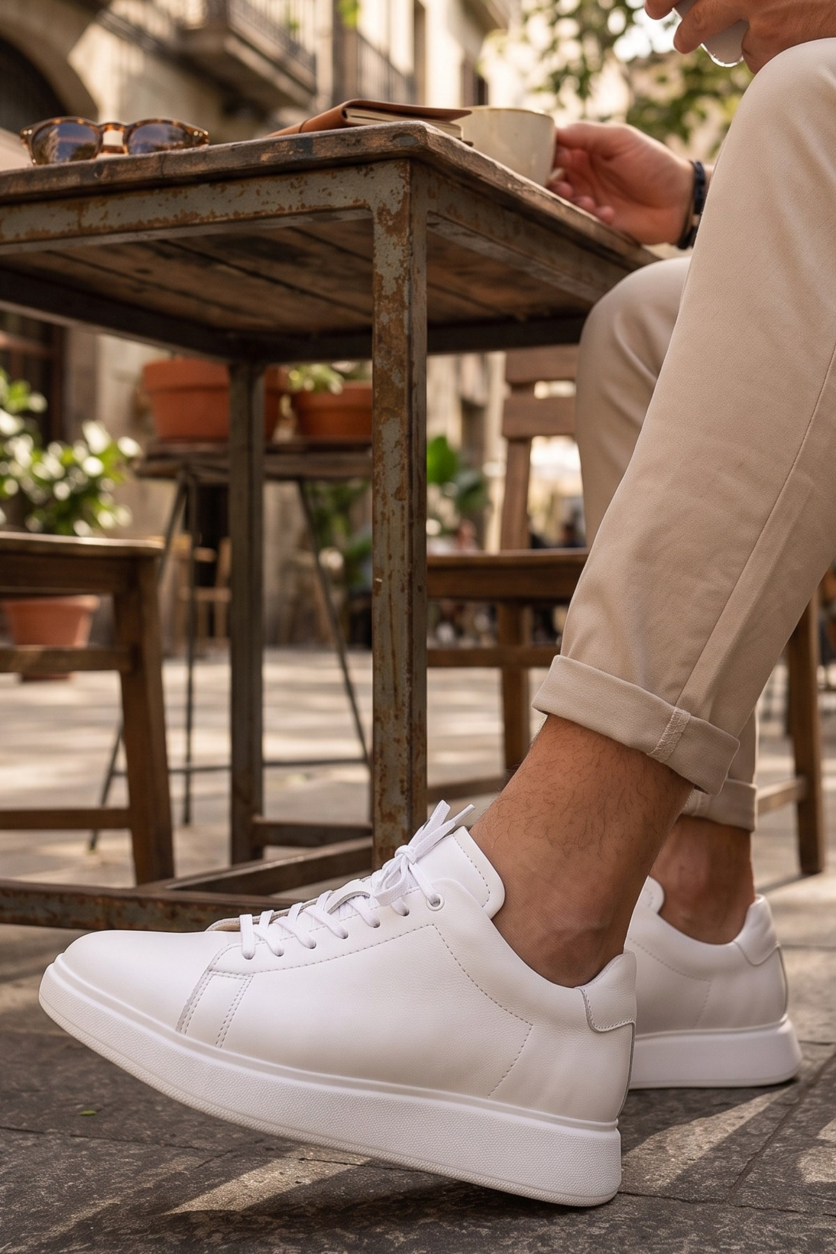 Shoetyle - Beyaz Hakiki Deri Bağcıklı Erkek Sneaker 101-7039