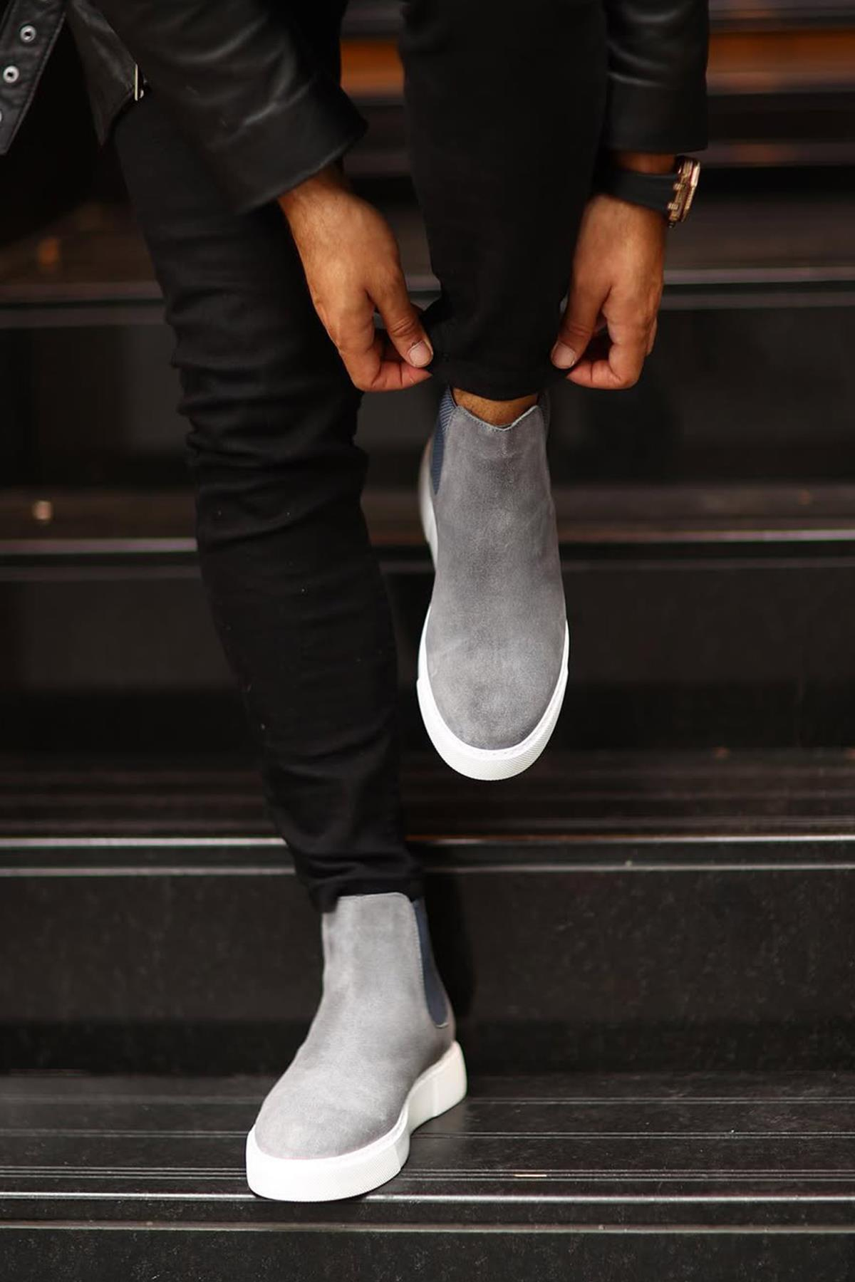 Shoetyle - Gri Hakiki Deri Süet Erkek Chelsea Bot   250-041 