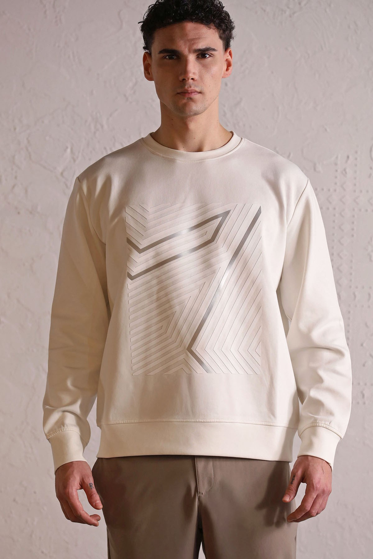 Bisiklet Yaka Geometrik Baskılı Erkek Sweatshirt