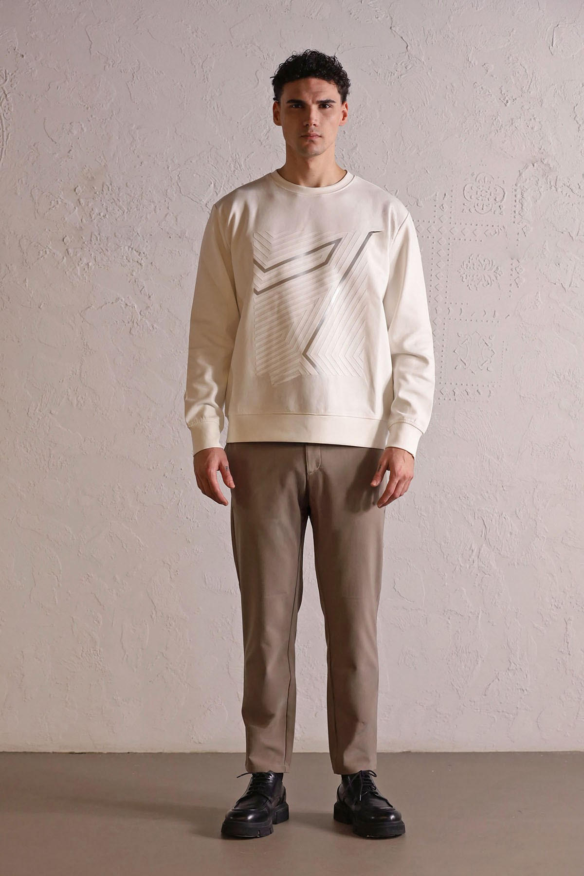 Bisiklet Yaka Geometrik Baskılı Erkek Sweatshirt