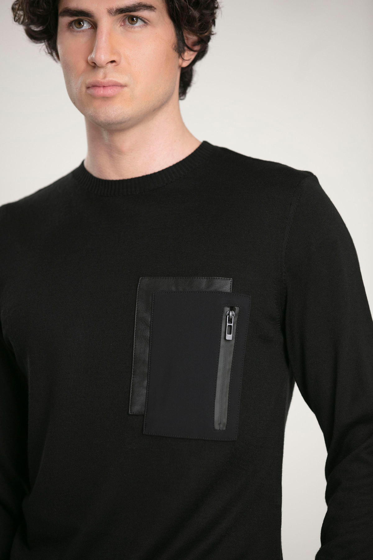 Bisiklet Yaka Göğüs Fermuar Deri Cep Detaylı Slim Fit Erkek Kazak