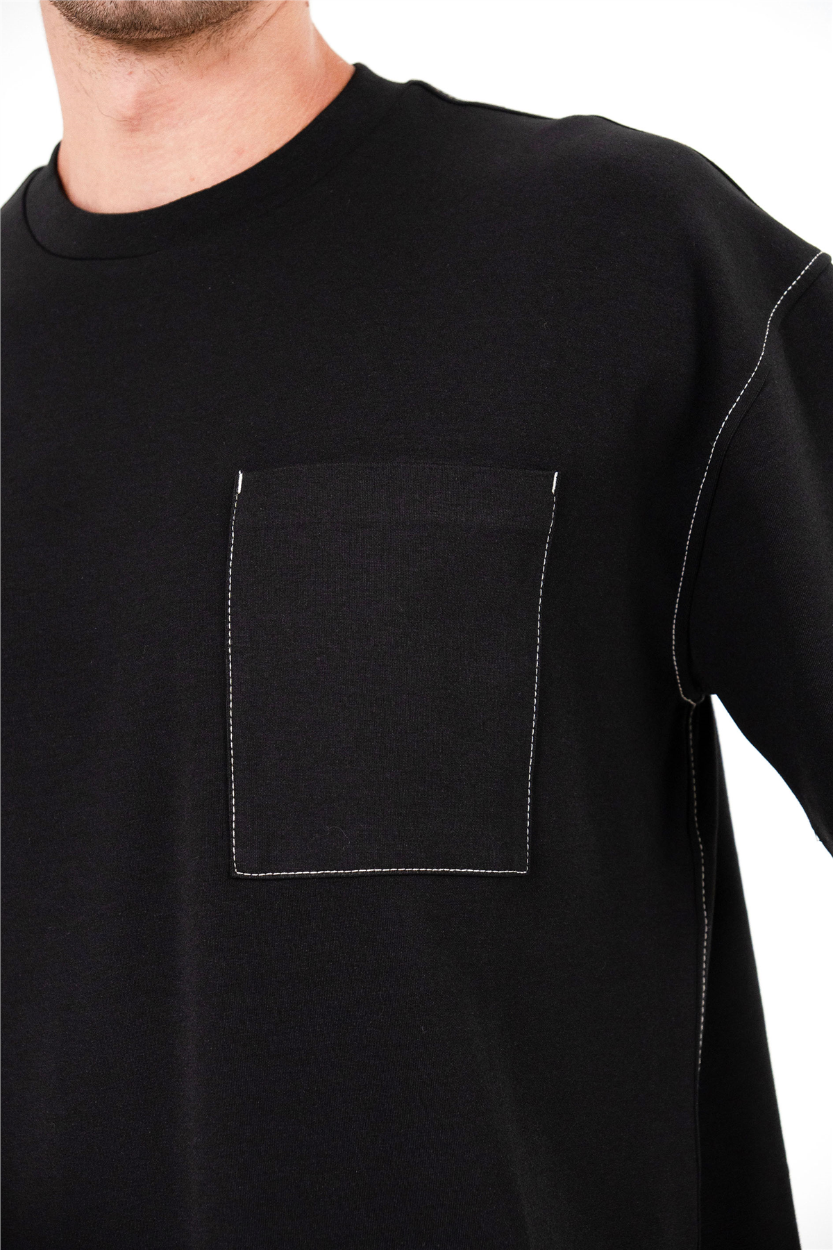 Bisiklet Yaka Kontrast Dikişli Cepli Erkek T-shirt