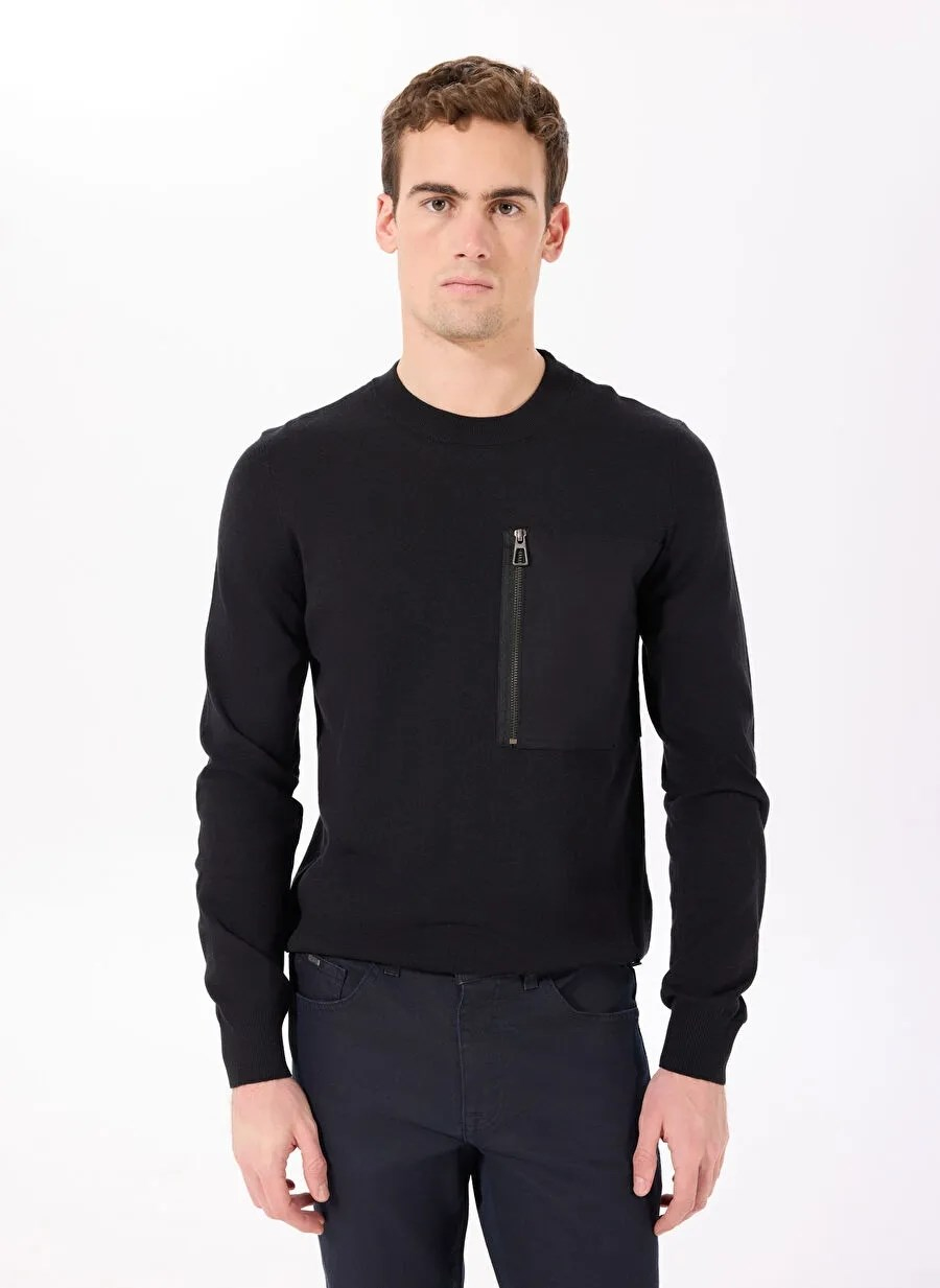 Bisiklet Yaka Slim Fit Fermuar ve Garni Detaylı Erkek Kazak