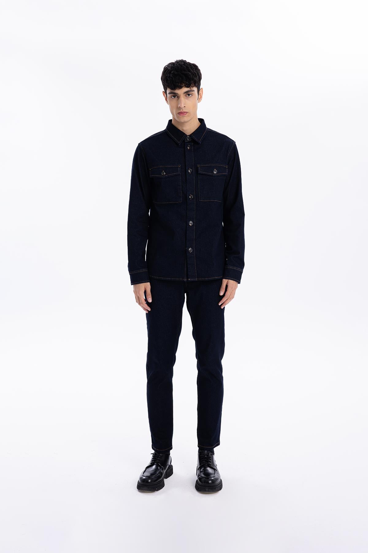 Kapama Düğme Detaylı Regular Fit Denim Erkek Mont