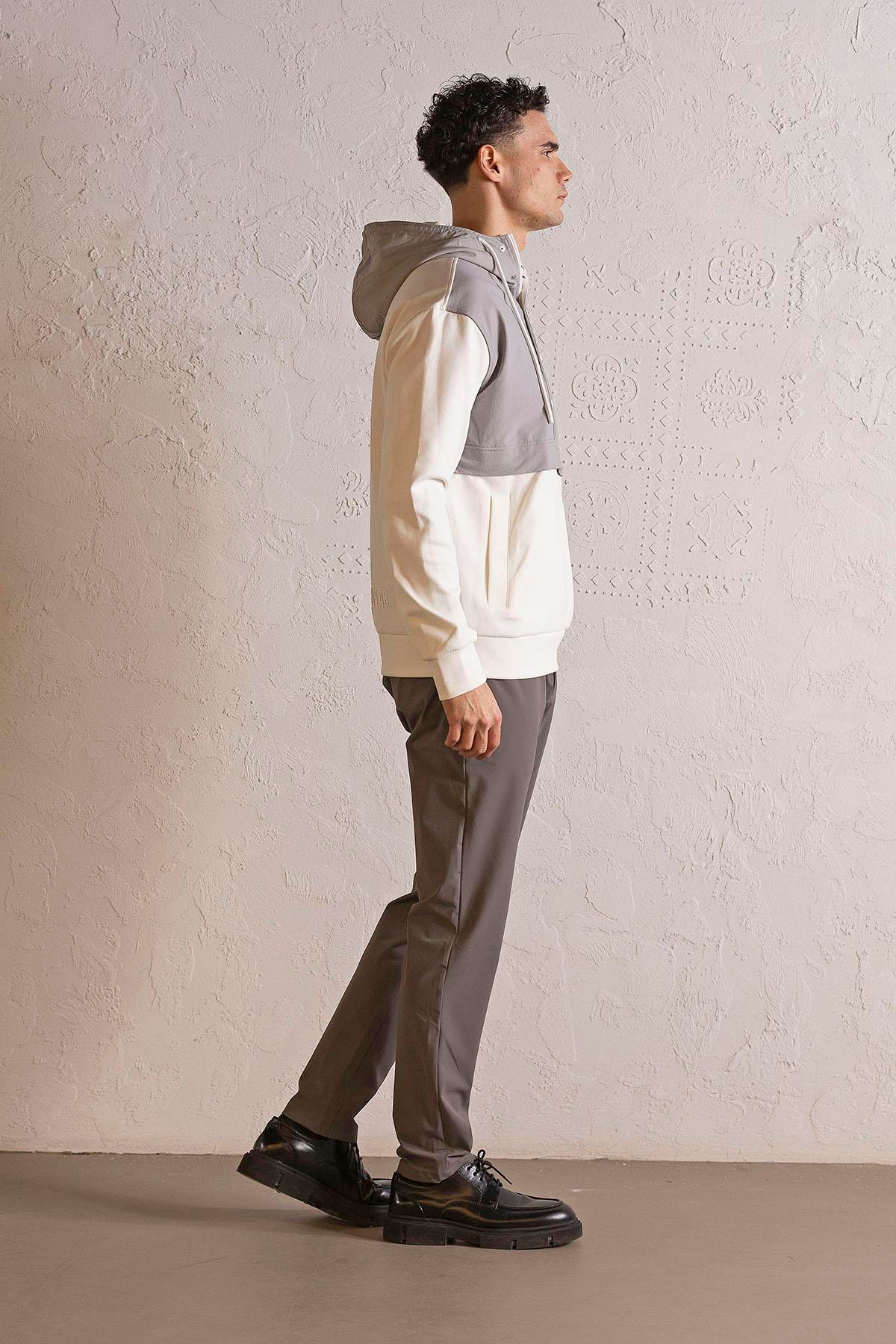 Kapüşonlu Fermuar ve Çıtçıt Detaylı Garnili Erkek Sweatshirt