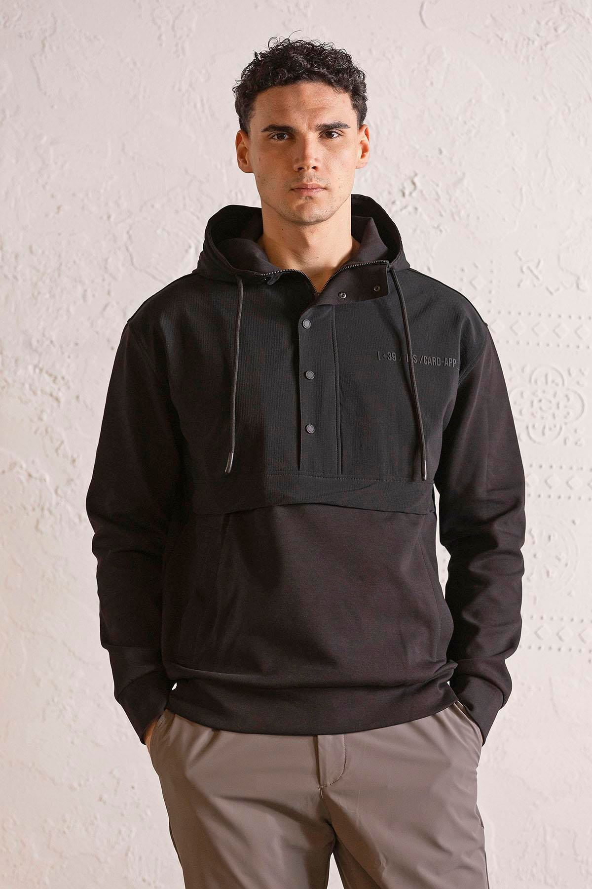 Kapüşonlu Fermuar ve Çıtçıt Detaylı Garnili Erkek Sweatshirt