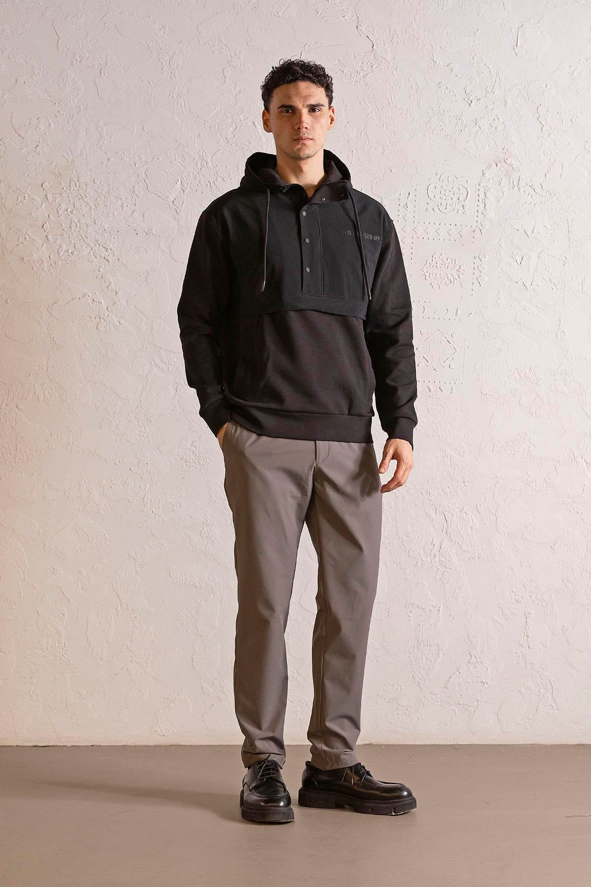 Kapüşonlu Fermuar ve Çıtçıt Detaylı Garnili Erkek Sweatshirt