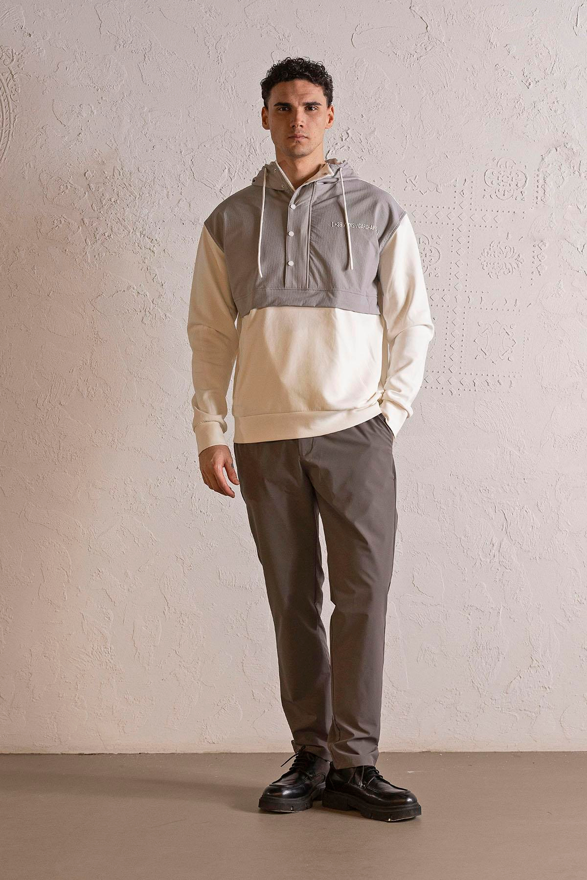 Kapüşonlu Fermuar ve Çıtçıt Detaylı Garnili Erkek Sweatshirt