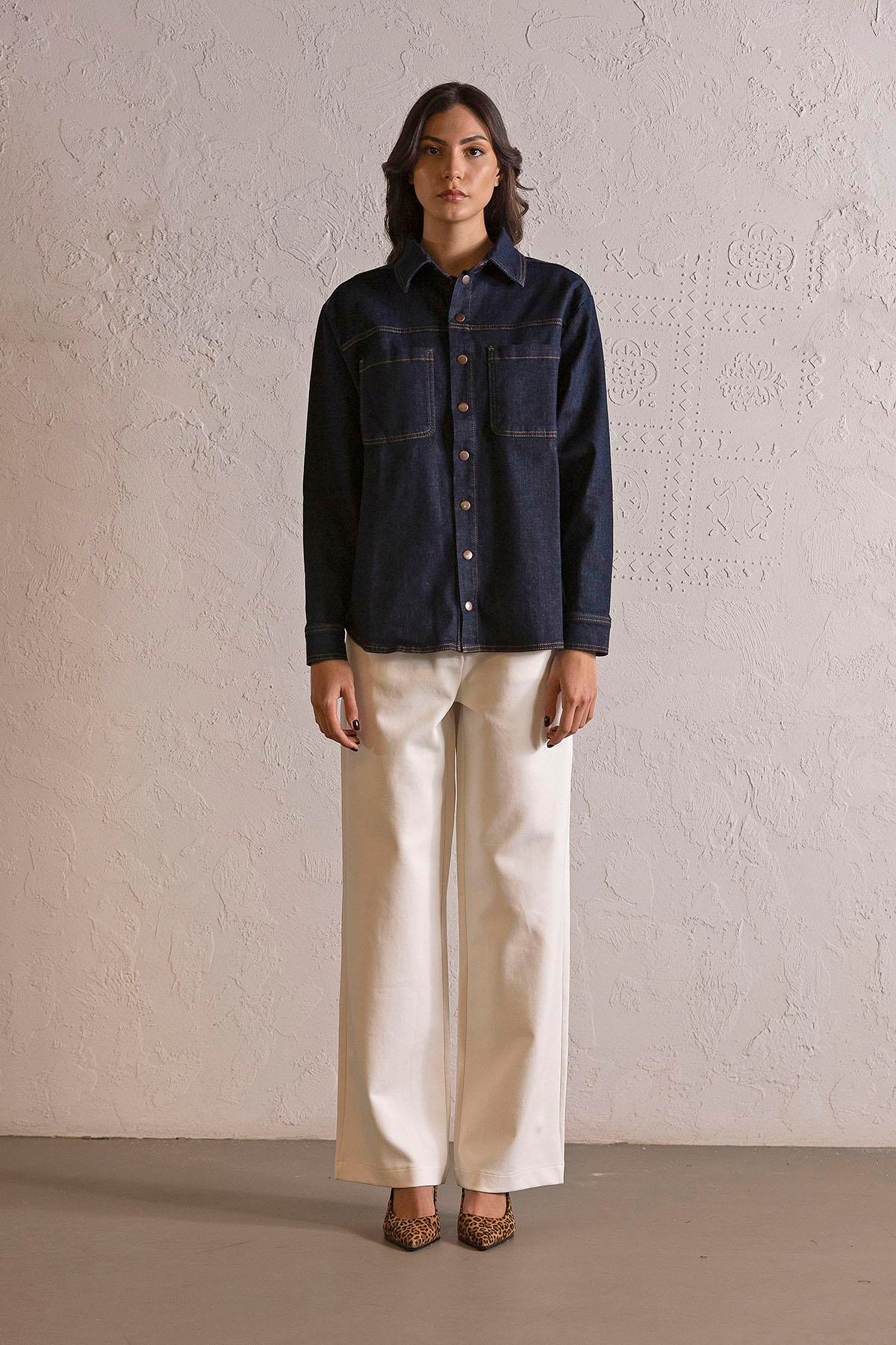 Oversize Çıtçıtlı Denim Kadın Gömlek