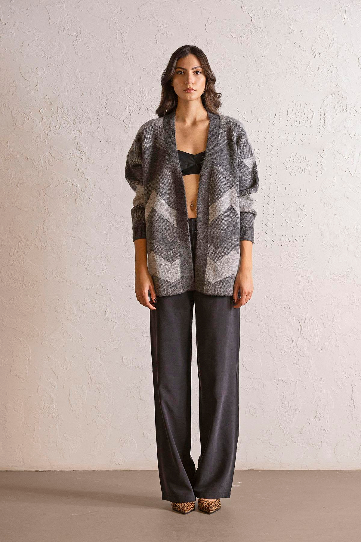 Oversize Desenli Kadın Hırka