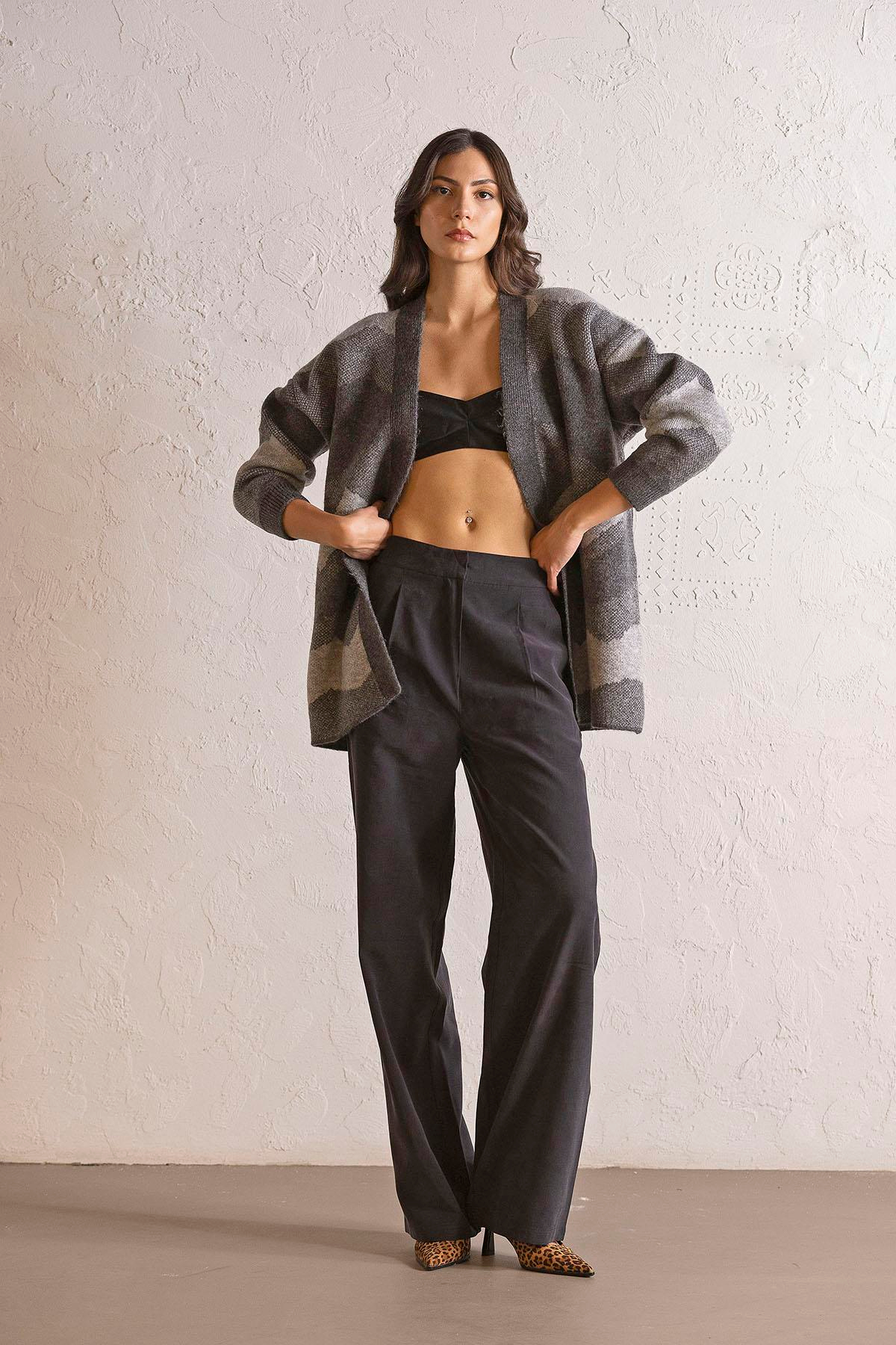 Oversize Desenli Kadın Hırka