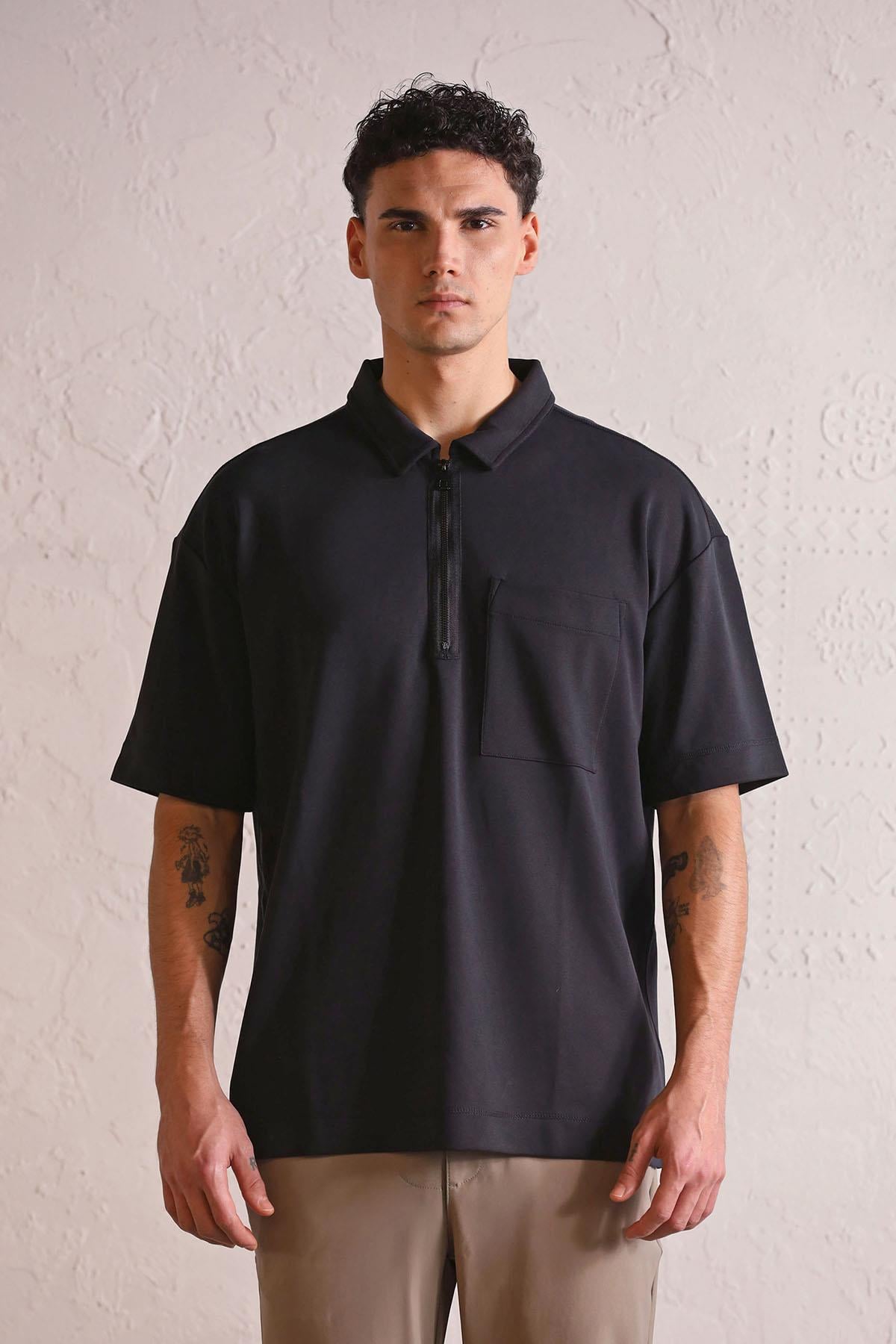 Polo Yaka Patı Fermuarlı Cepli Erkek T-shirt
