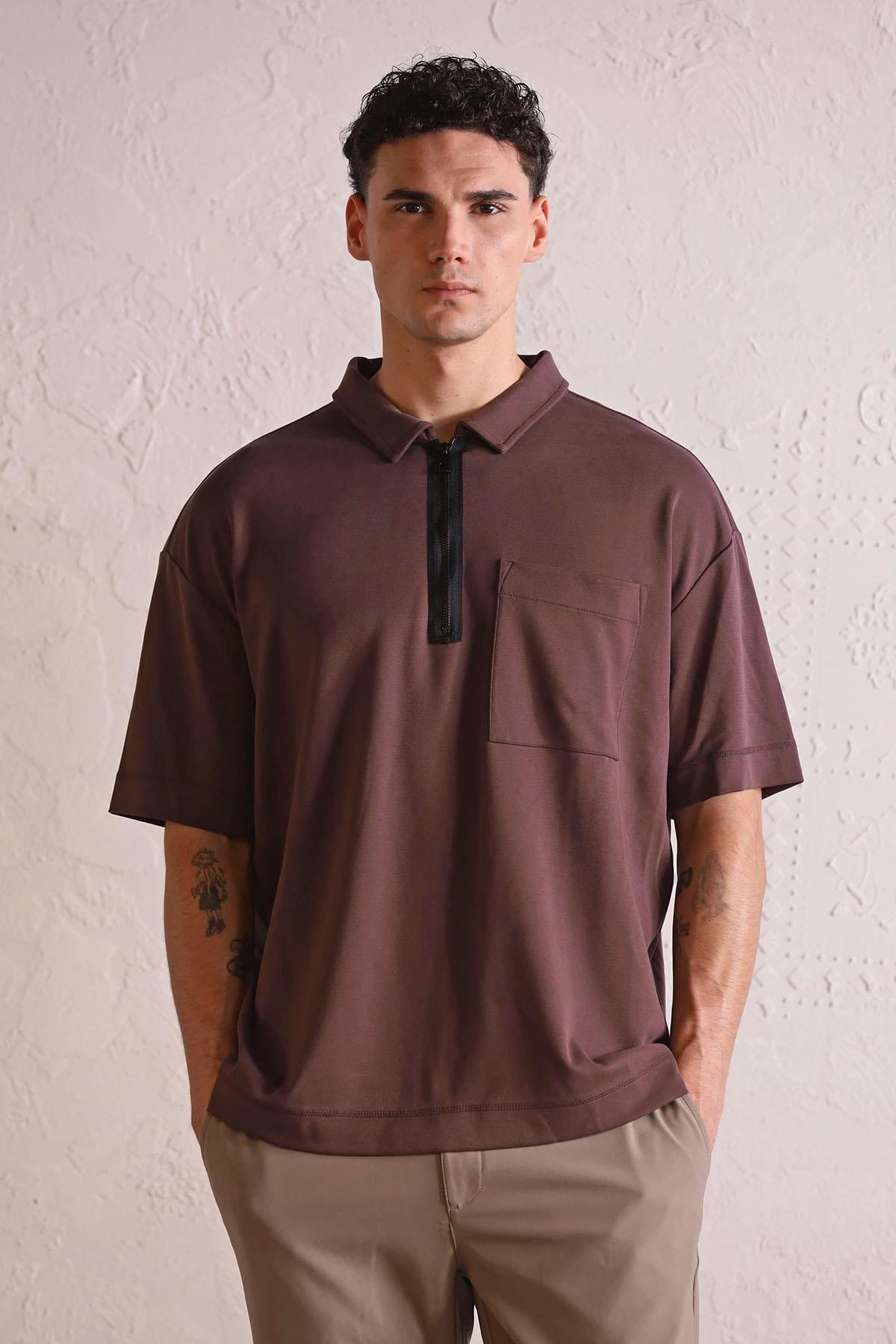 Polo Yaka Patı Fermuarlı Cepli Erkek T-shirt