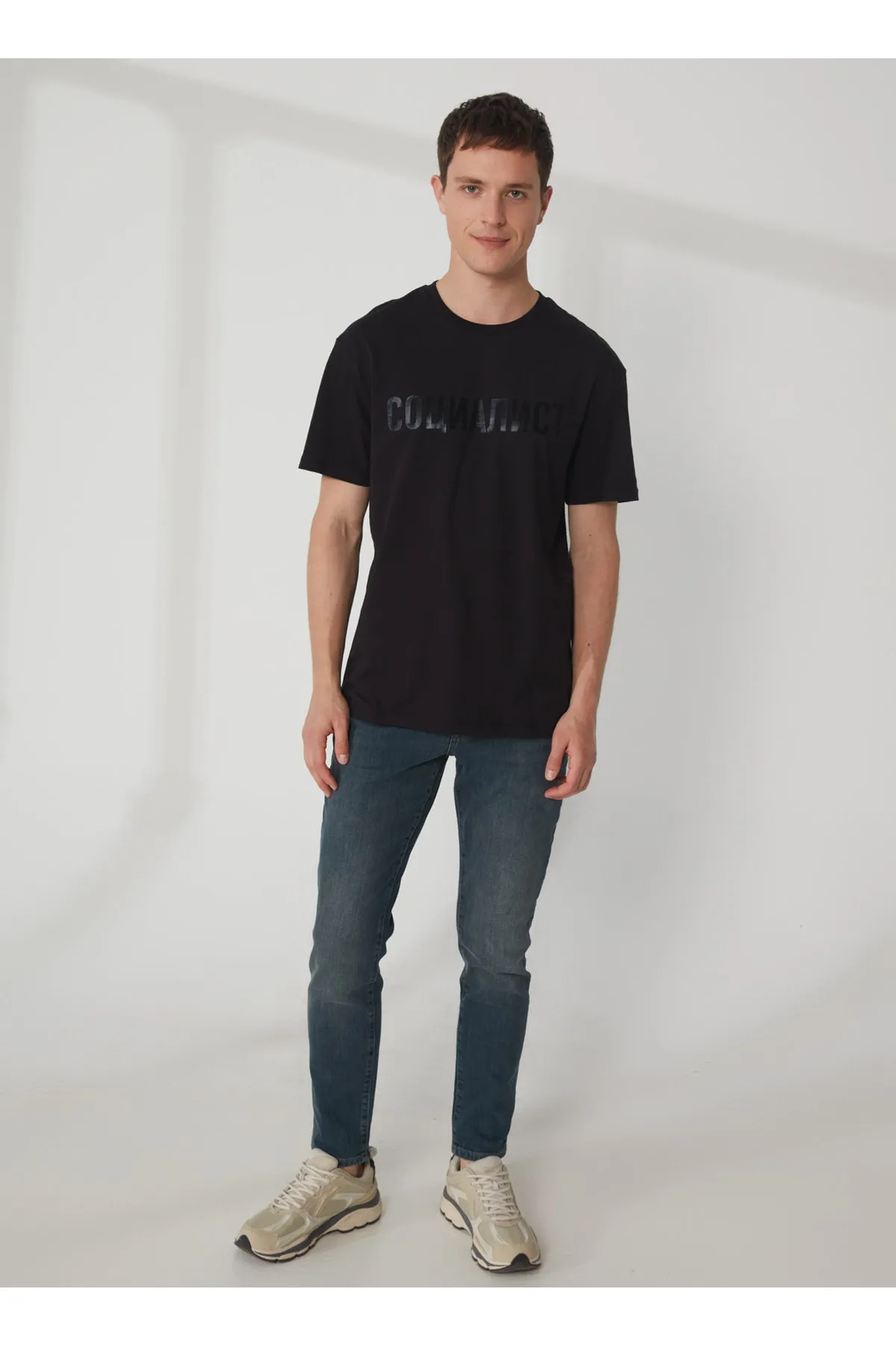 Bisiklet Yaka Baskılı Basic Erkek T-shirt