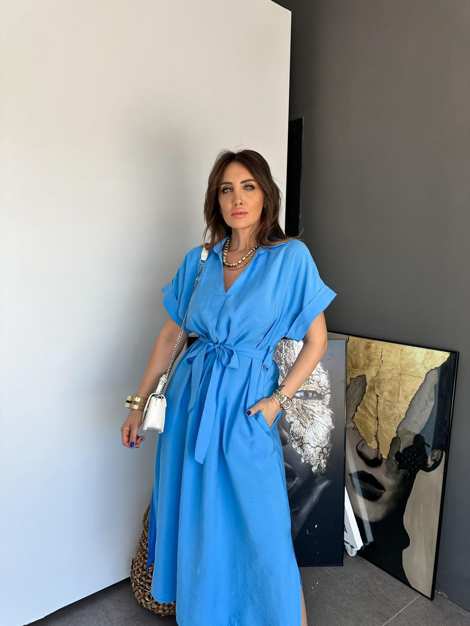 Mavi Cepli Düğmeli Modal Elbise