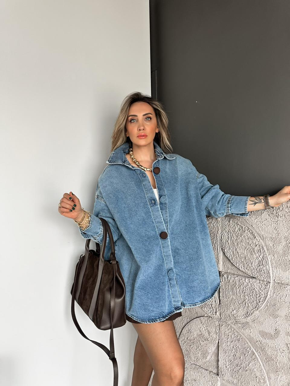 Açık Mavi Kaplama Düğmeli Oversize Kot Ceket