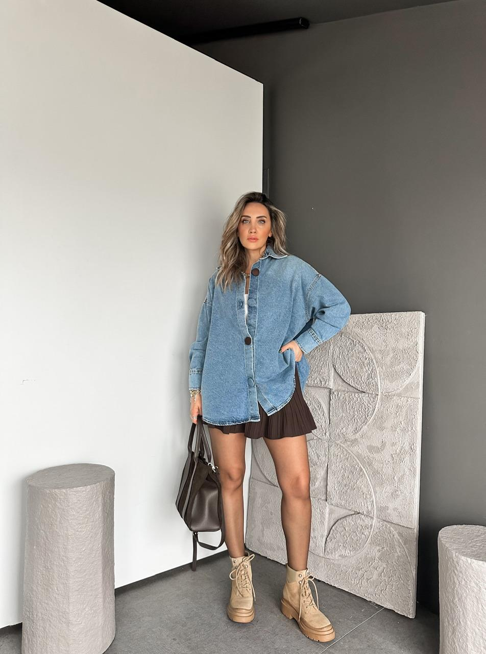 Açık Mavi Kaplama Düğmeli Oversize Kot Ceket