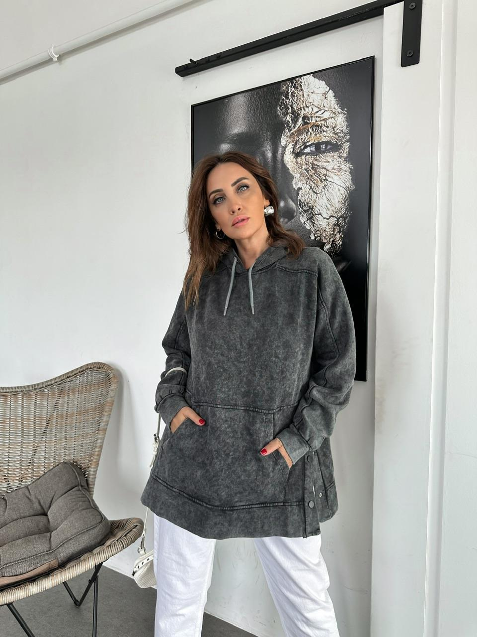 Antrasit Çıtçıtlı Yıkamalı Sweatshirt