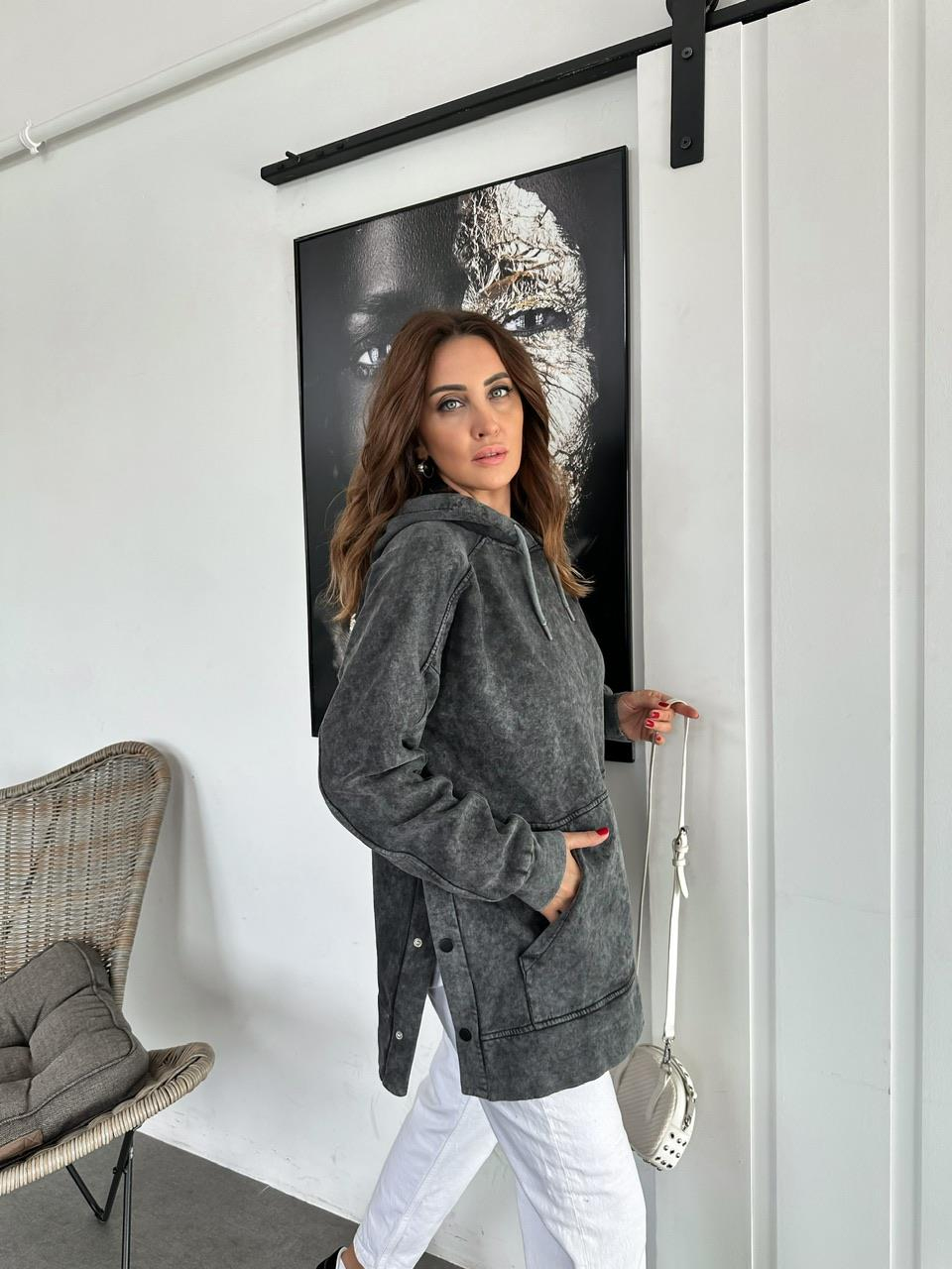 Antrasit Çıtçıtlı Yıkamalı Sweatshirt