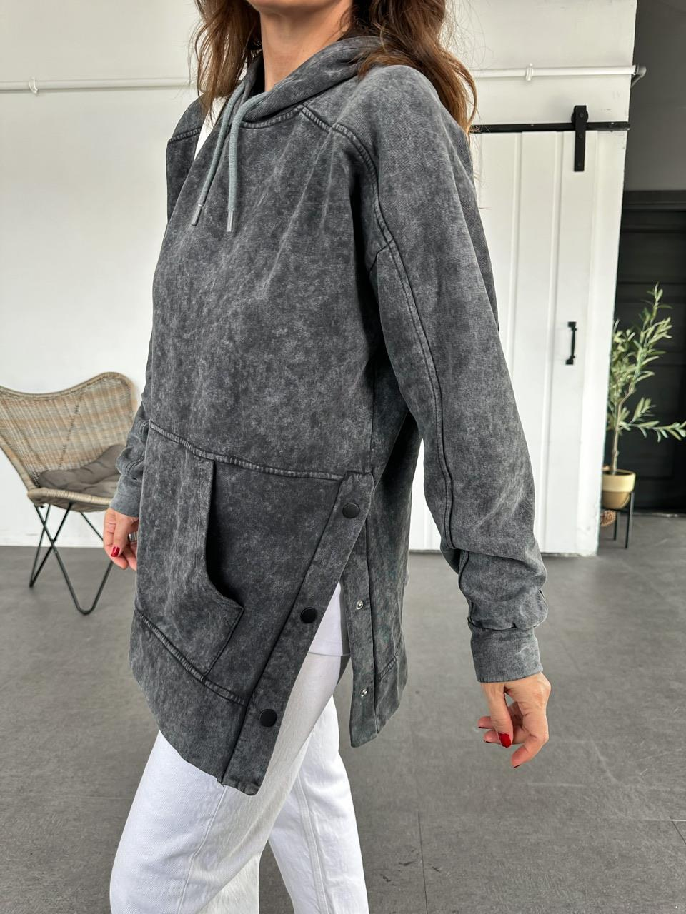 Antrasit Çıtçıtlı Yıkamalı Sweatshirt