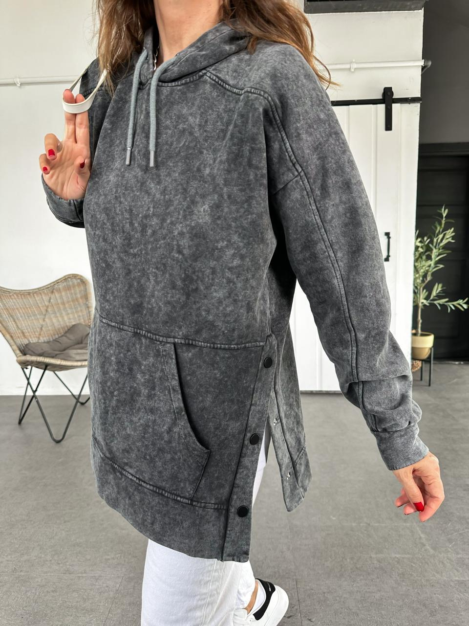 Antrasit Çıtçıtlı Yıkamalı Sweatshirt
