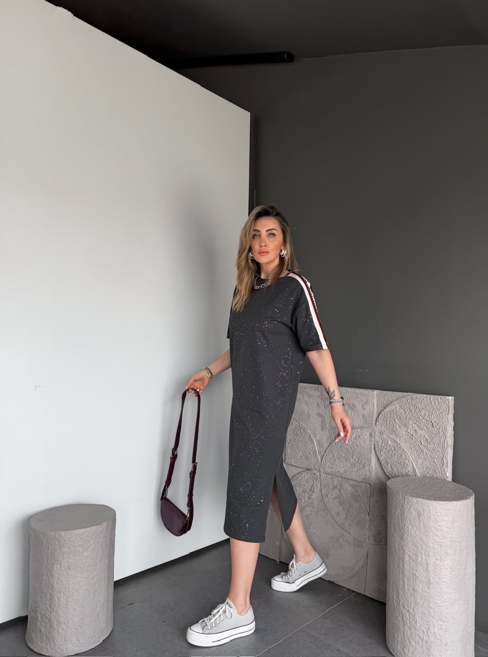 Antrasit Işıltılı Şeritli Modal Elbise
