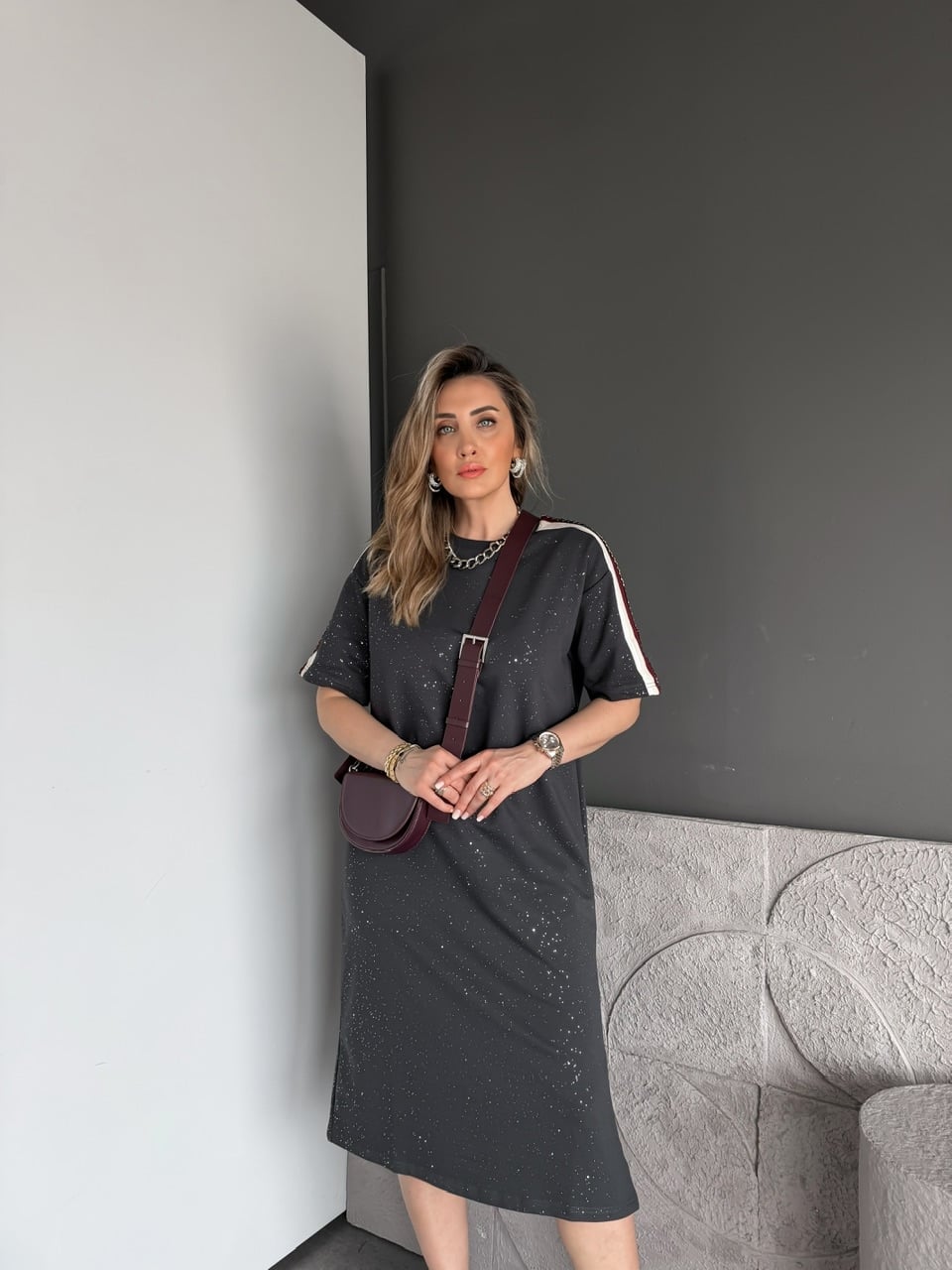 Antrasit Işıltılı Şeritli Modal Elbise