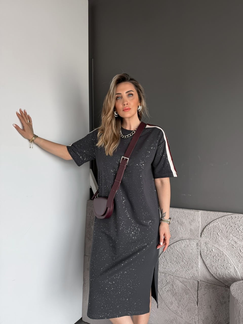 Antrasit Işıltılı Şeritli Modal Elbise