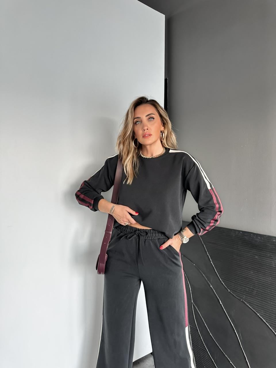 Antrasit Krem Şeritli Modal Spor Takım