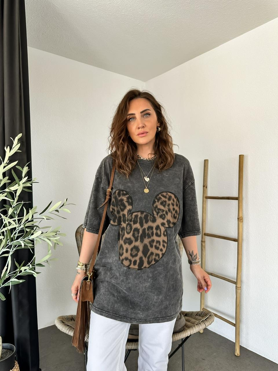 Antrasit Leopar Mickey Figürlü Tshirt
