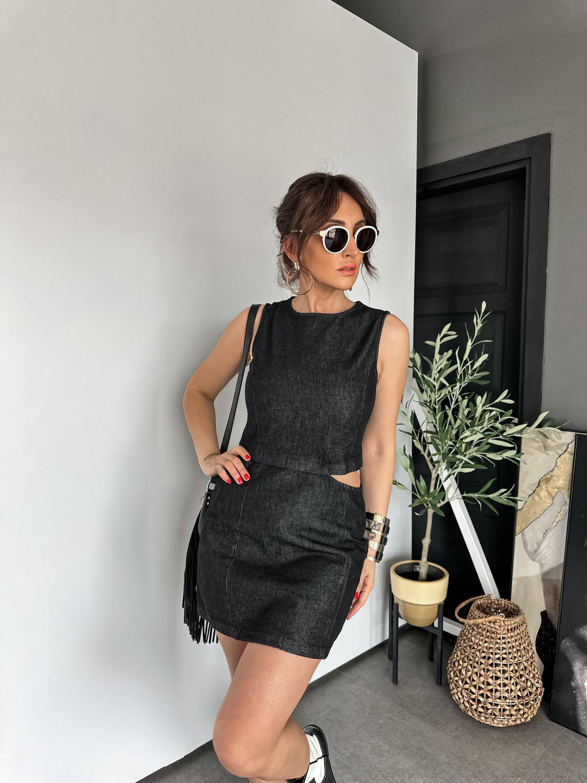 Antrasit Pencere Detaylı Kot Elbise